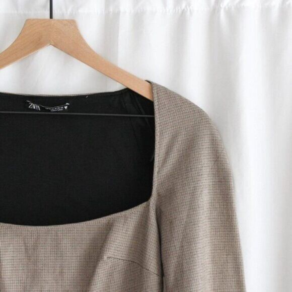 NWOT Zara Blogger Favorite Square Neck Houndstooth Long Sleeve Mini Dress Medium - Picture 4 of 9